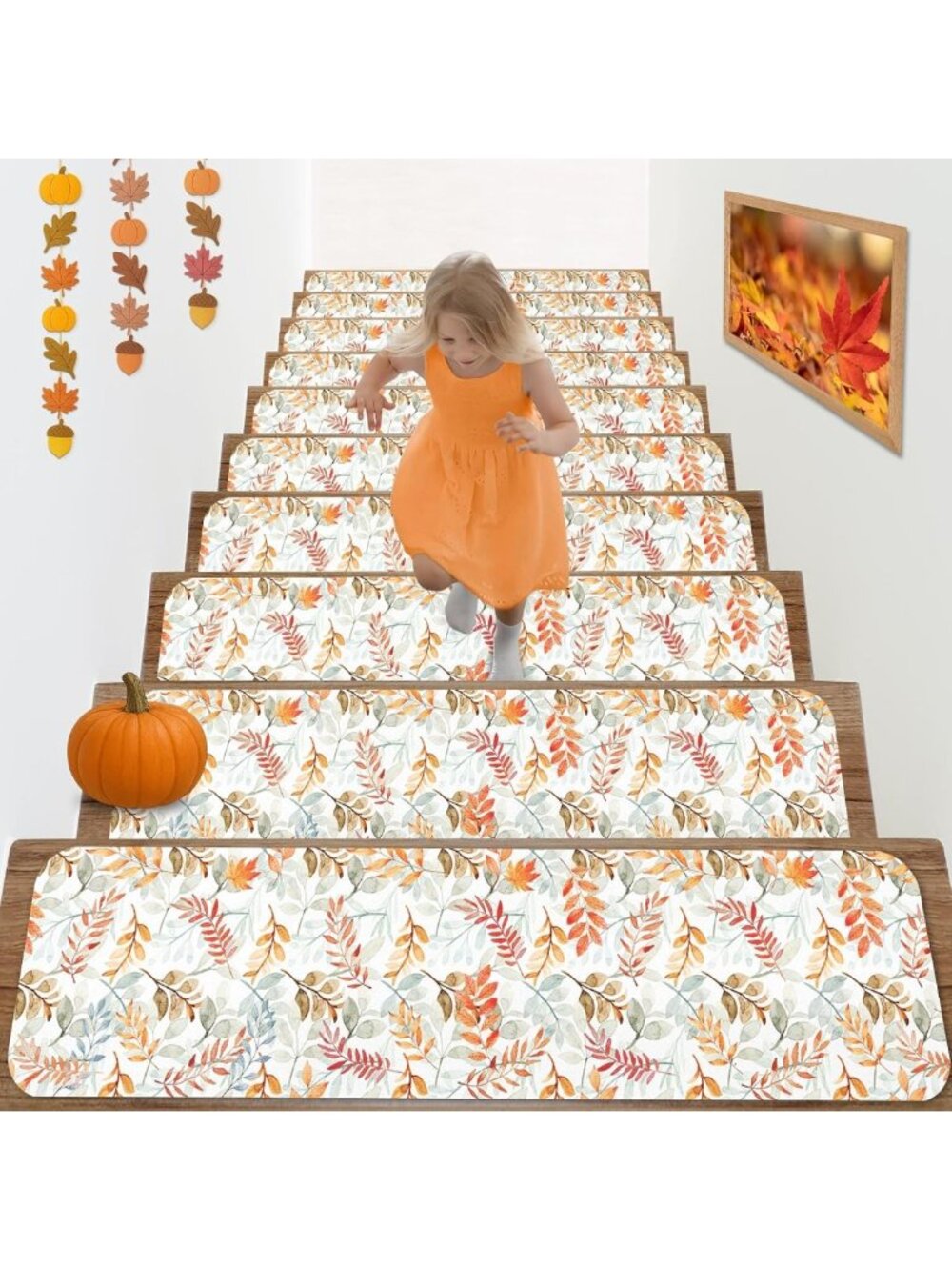 Indoor Stair Treads 15 Pack, 30"x8", Non-Slip for Wooden Steps, Fall Leaf Design
